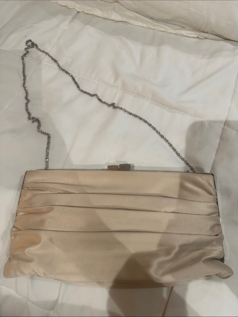 Elegant Champagne Satin Pleated Evening Clutch with Chain